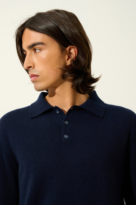 CHARVET polo manches longues navy 100% cachemire