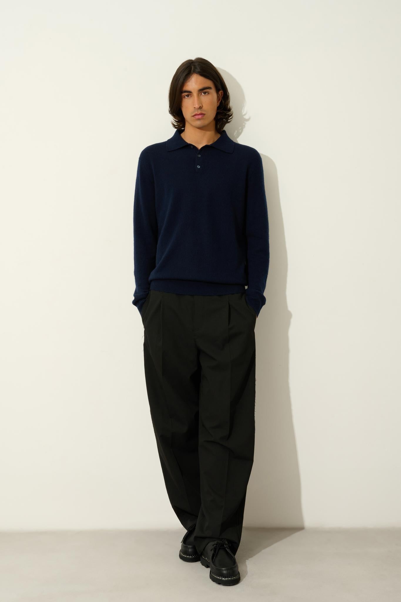 CHARVET polo manches longues navy 100% cachemire