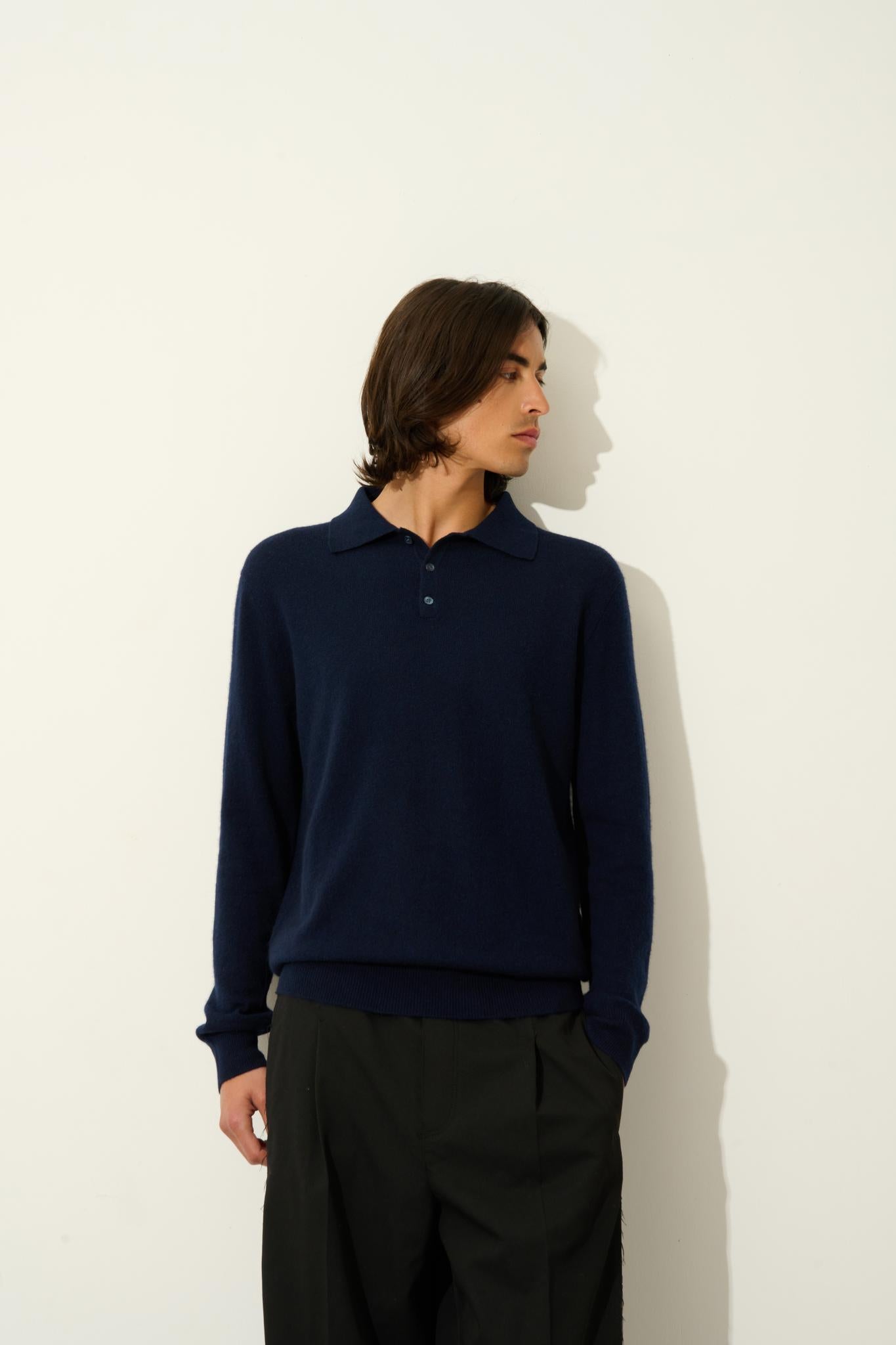 CHARVET polo manches longues navy 100% cachemire