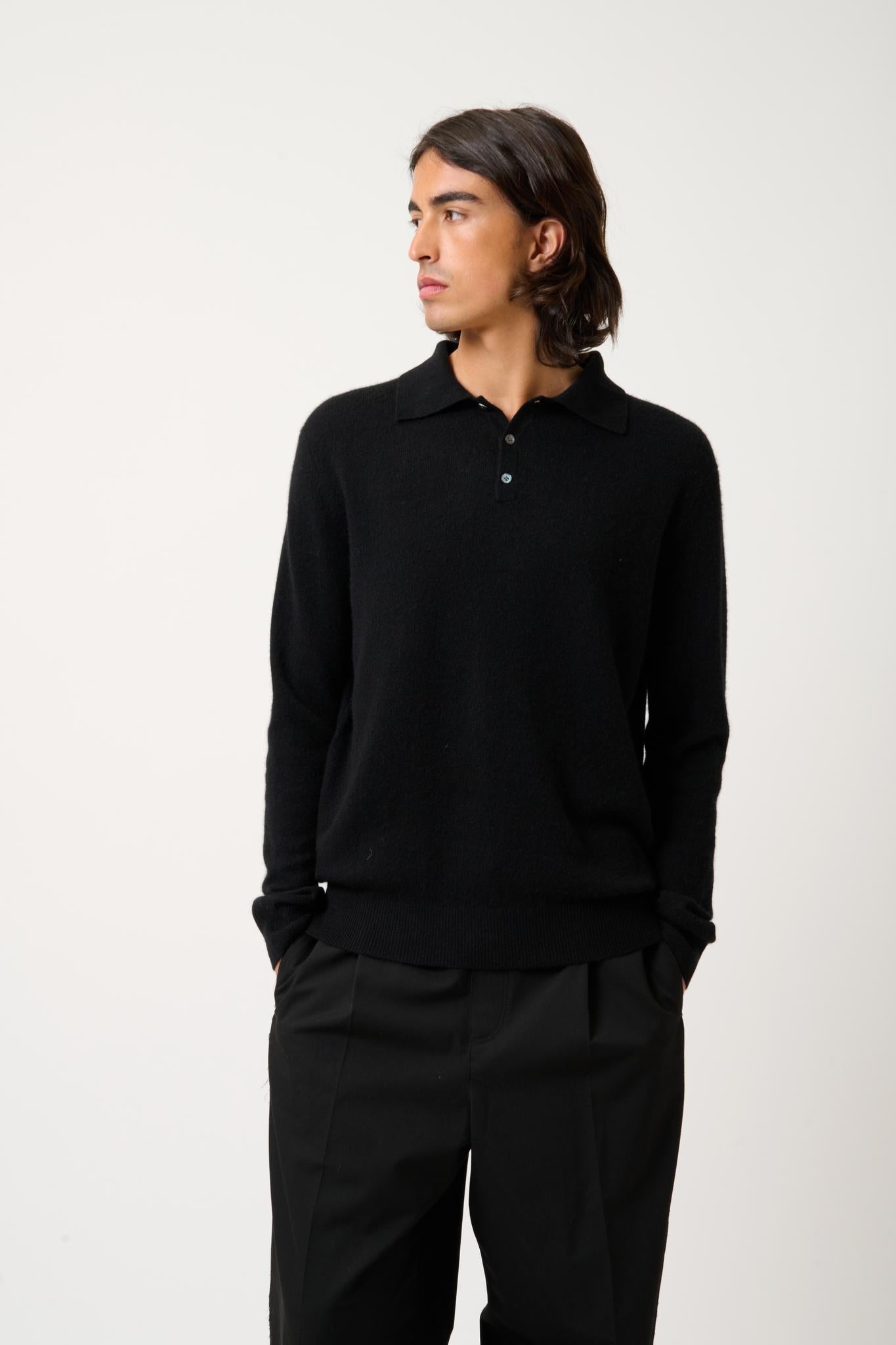 CHARVET schwarzes Langarm-Poloshirt 100 % Kaschmir