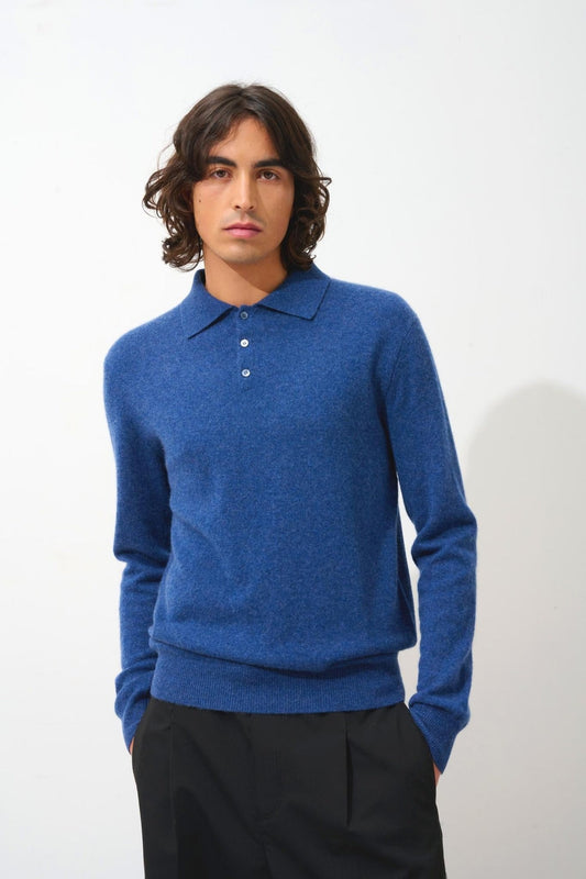 CHARVET Langarm-Poloshirt ocean meliert 100% Kaschmir