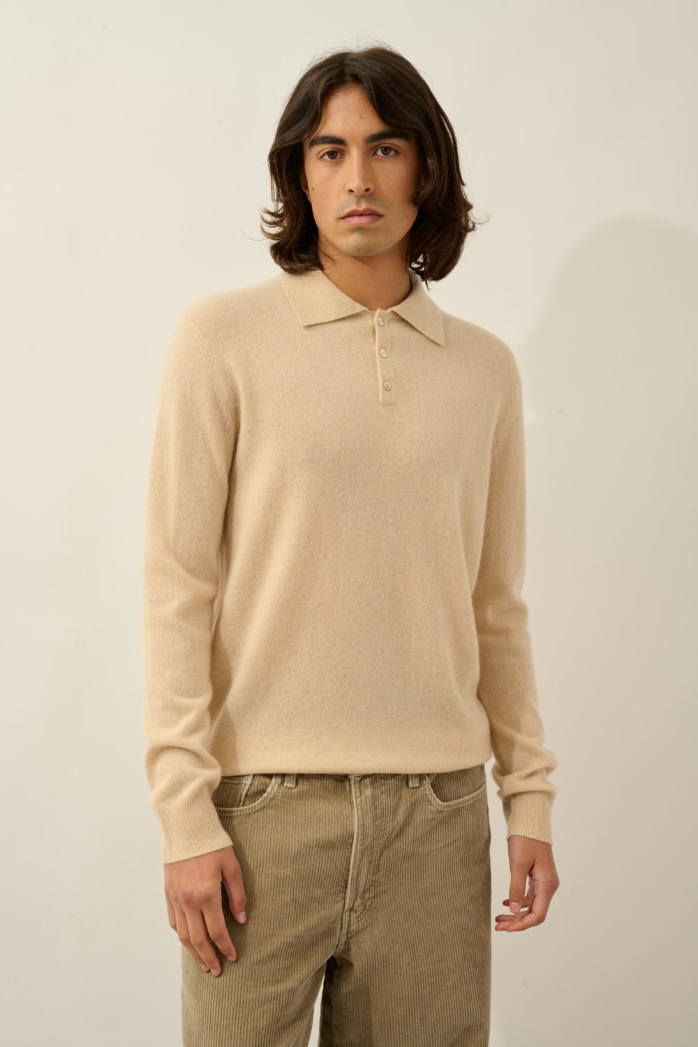 charvet polo manches longues sable 100% cachemire