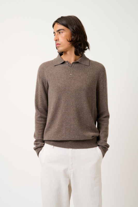 CHARVET Langarm-Poloshirt taupe meliert 100% Kaschmir