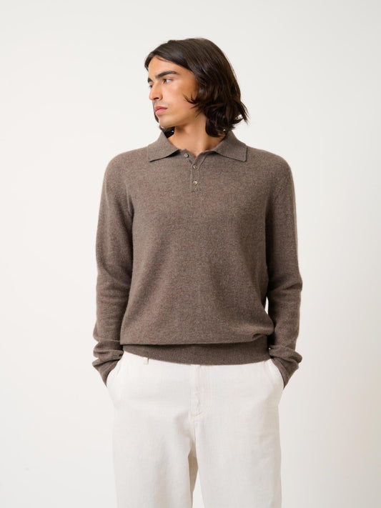 CHARVET polo shirt long sleeves taupe mottled 100% cashmere