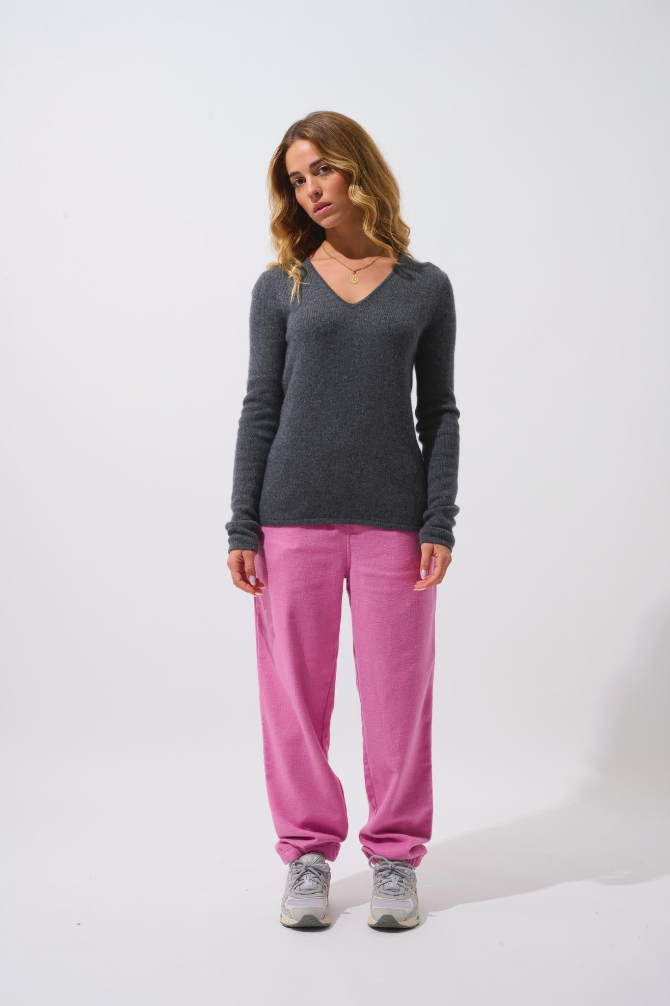 CHELSEA Pullover mit V-Ausschnitt 4 Fäden anthrazit meliert 100% Kaschmir