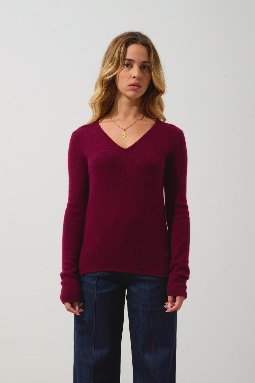 CHELSEA pull col v 4 fils bordeaux 100% cachemire