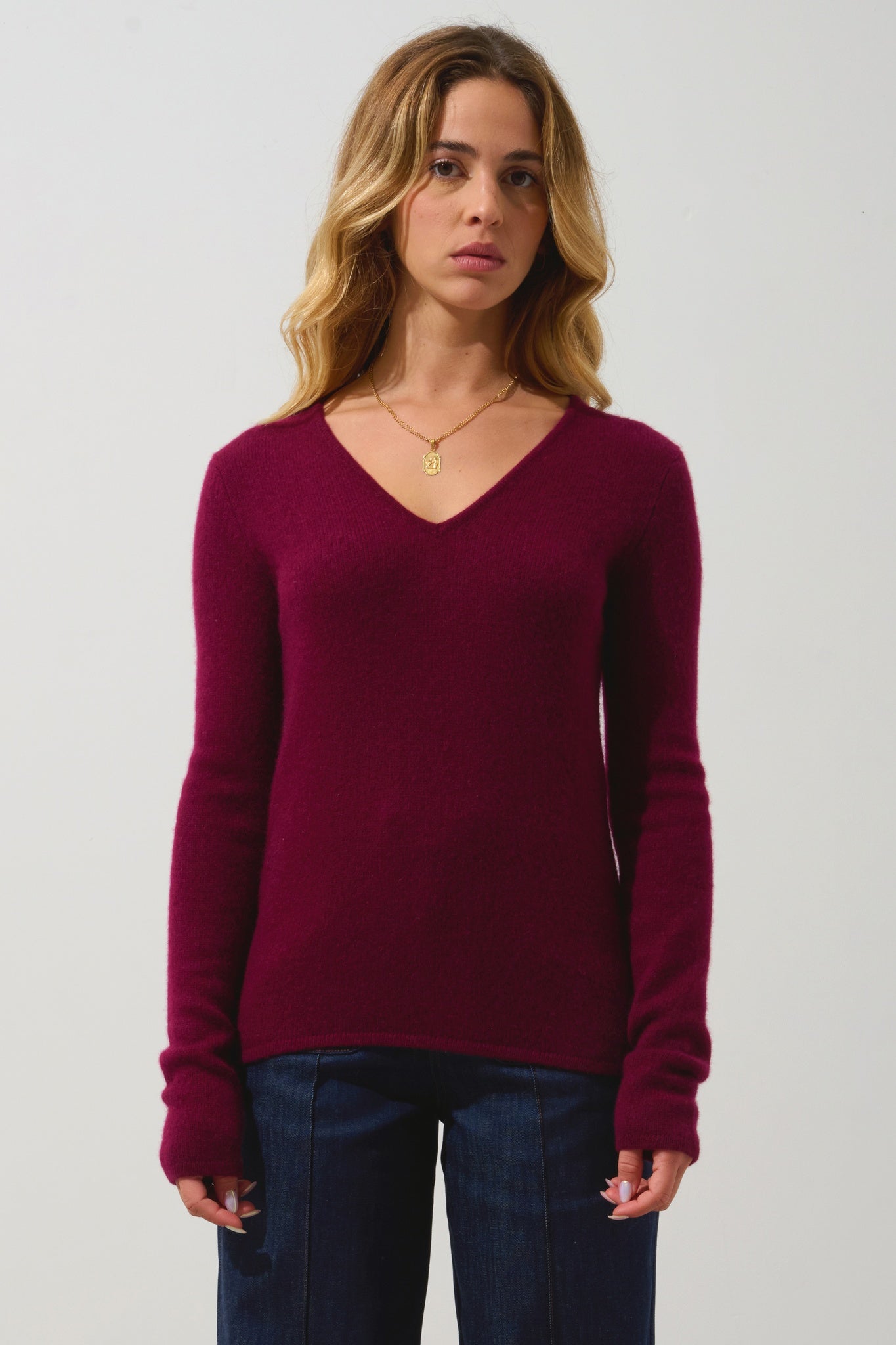 CHELSEA Pullover mit V-Ausschnitt 4-fädig bordeauxrot 100% Kaschmir