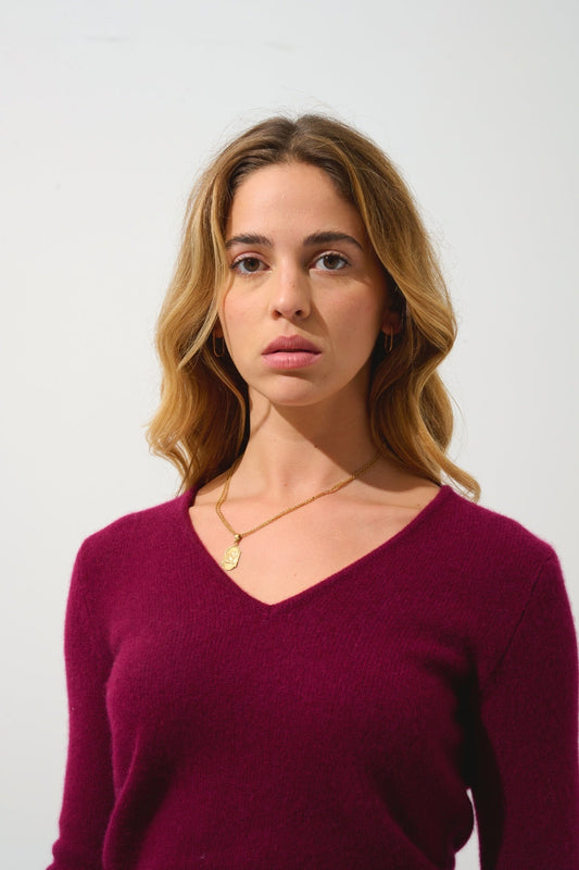 CHELSEA 4-thread v-neck sweater burgundy 100% cashmere