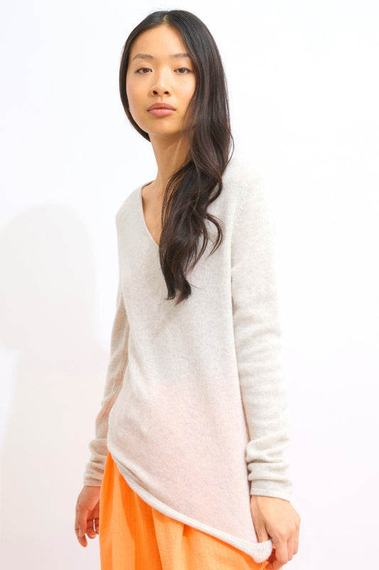 chelsea pull col v 4 fils gris perle chiné 100% cachemire