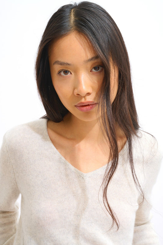 chelsea pull col v 4 fils gris perle chiné 100% cachemire