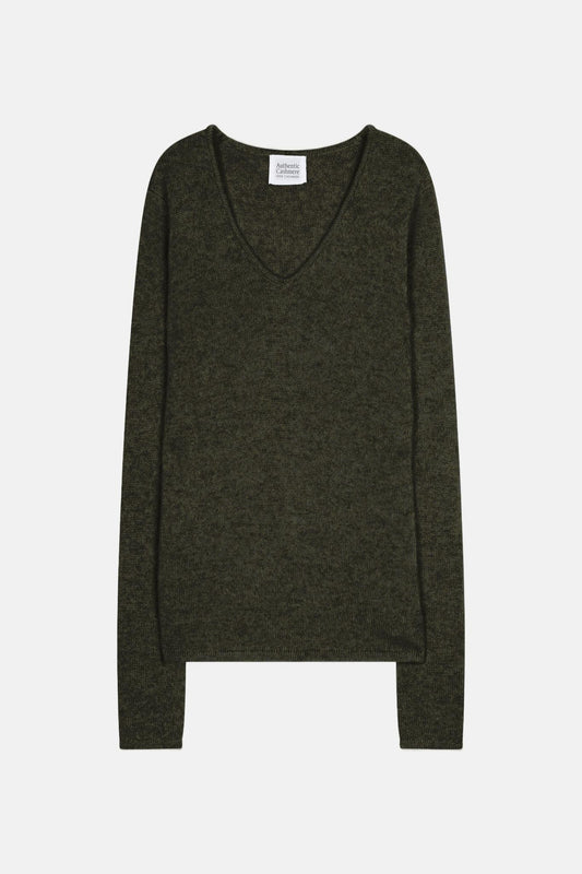 CHELSEA pull col v 4 fils kaki chiné 100% cachemire