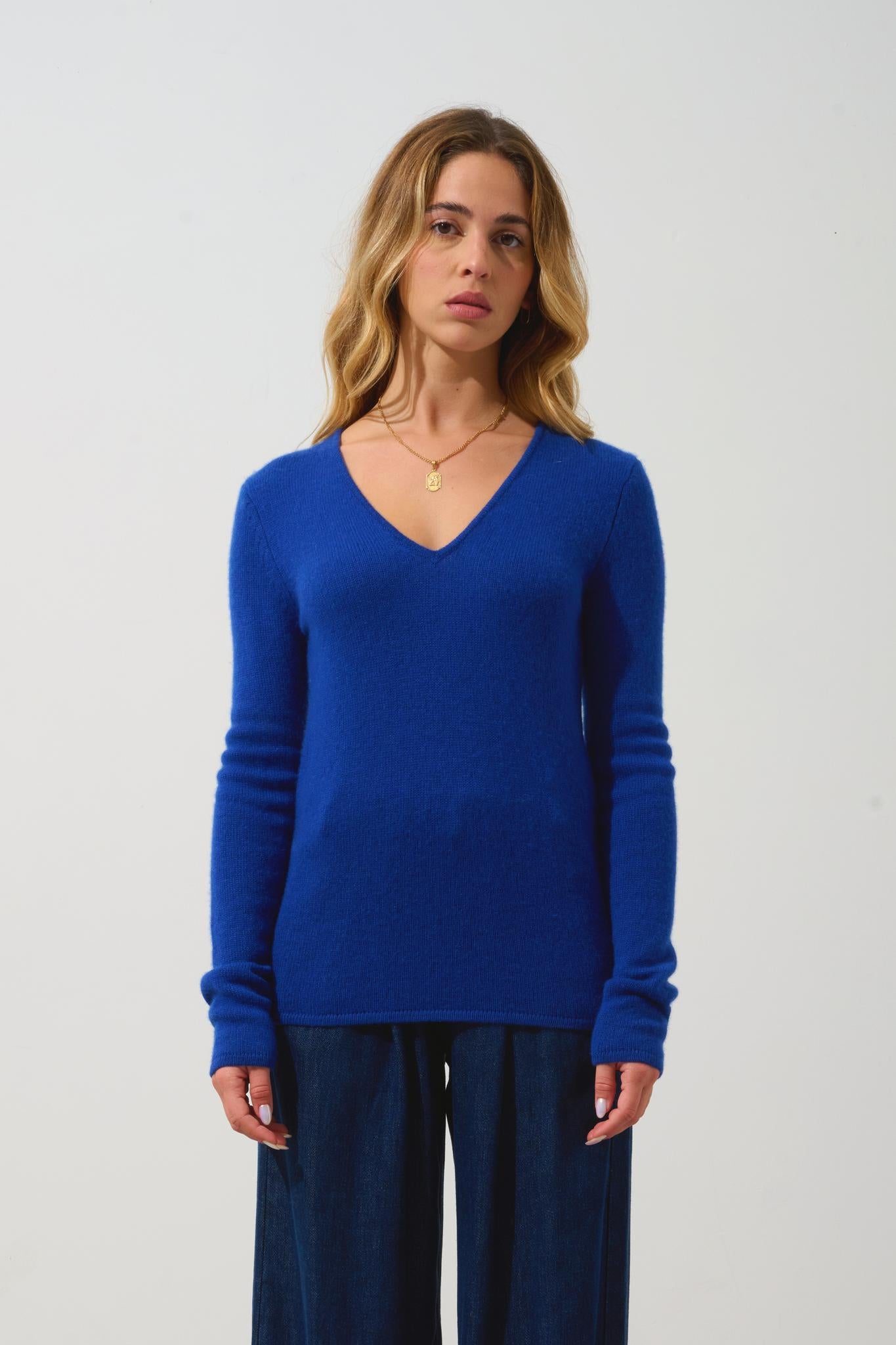 CHELSEA pull col v 4 fils outremer 100% cachemire