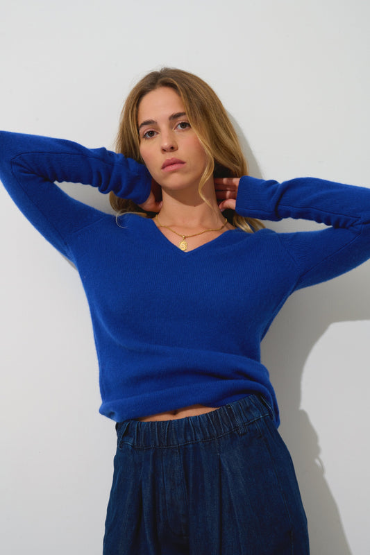 CHELSEA pull col v 4 fils outremer 100% cachemire