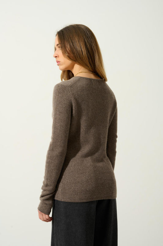 CHELSEA v-neck 4-thread taupe mottled sweater 100% cashmere