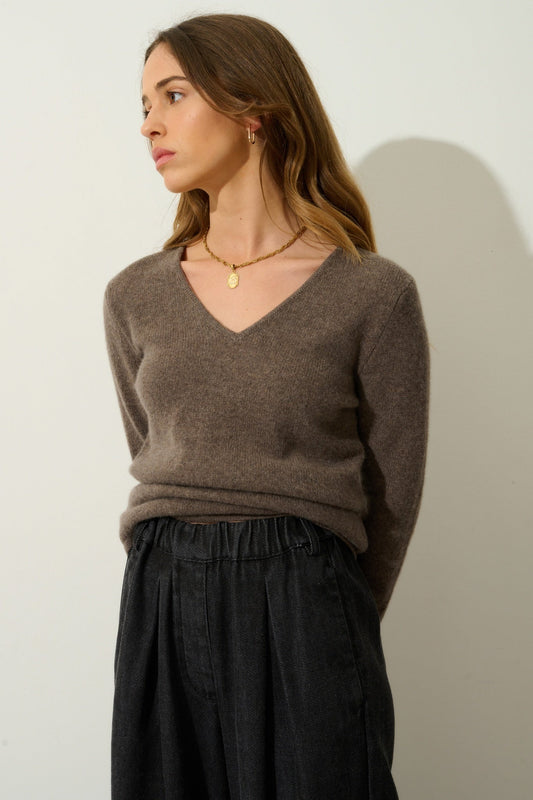 CHELSEA pull col v 4 fils taupe chiné 100% cachemire