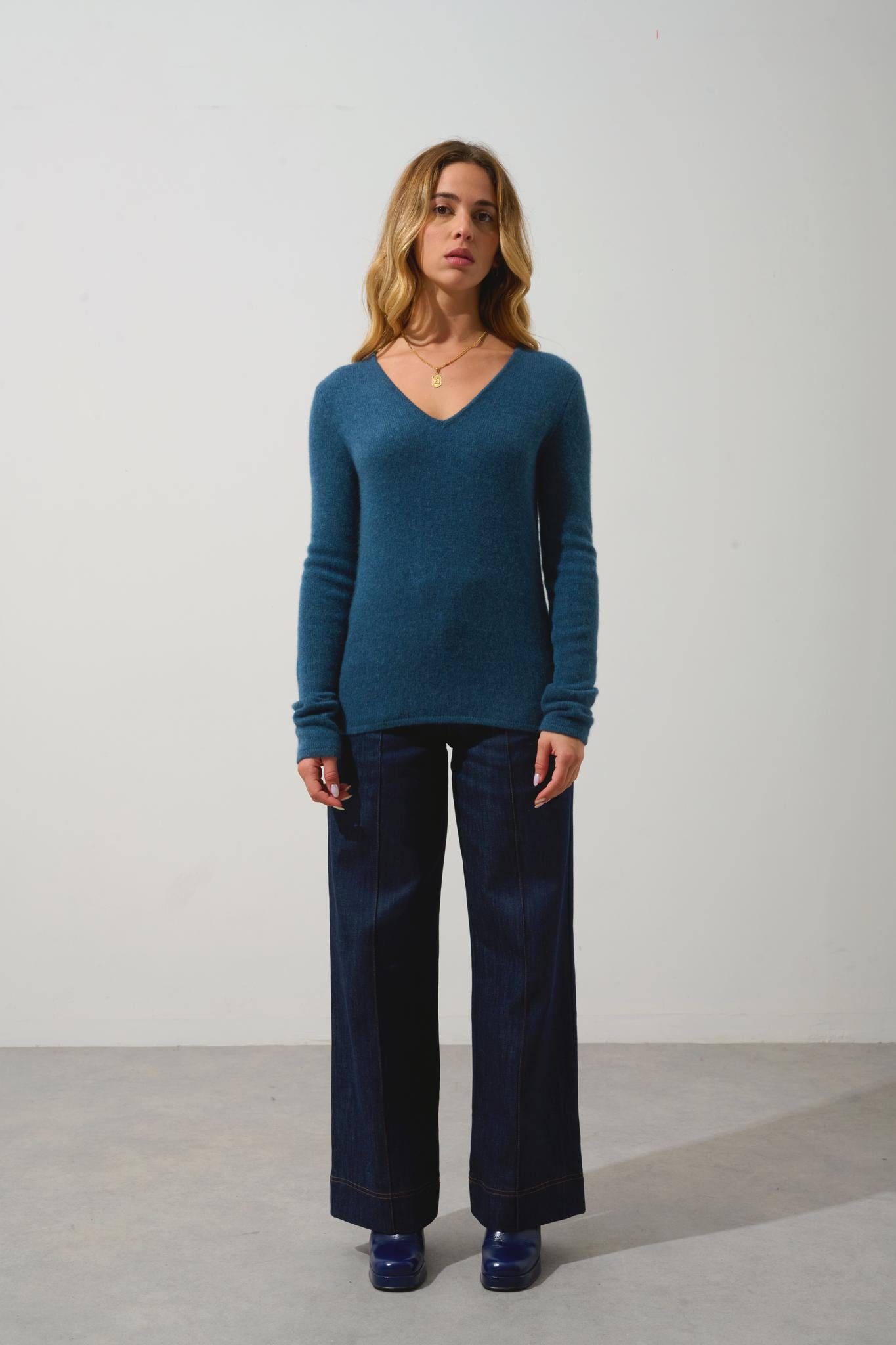 CHELSEA pull col v 4 fils vert canard chiné 100% cachemire