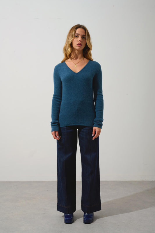 CHELSEA 4-thread v-neck sweater mottled duck green 100% cashmere