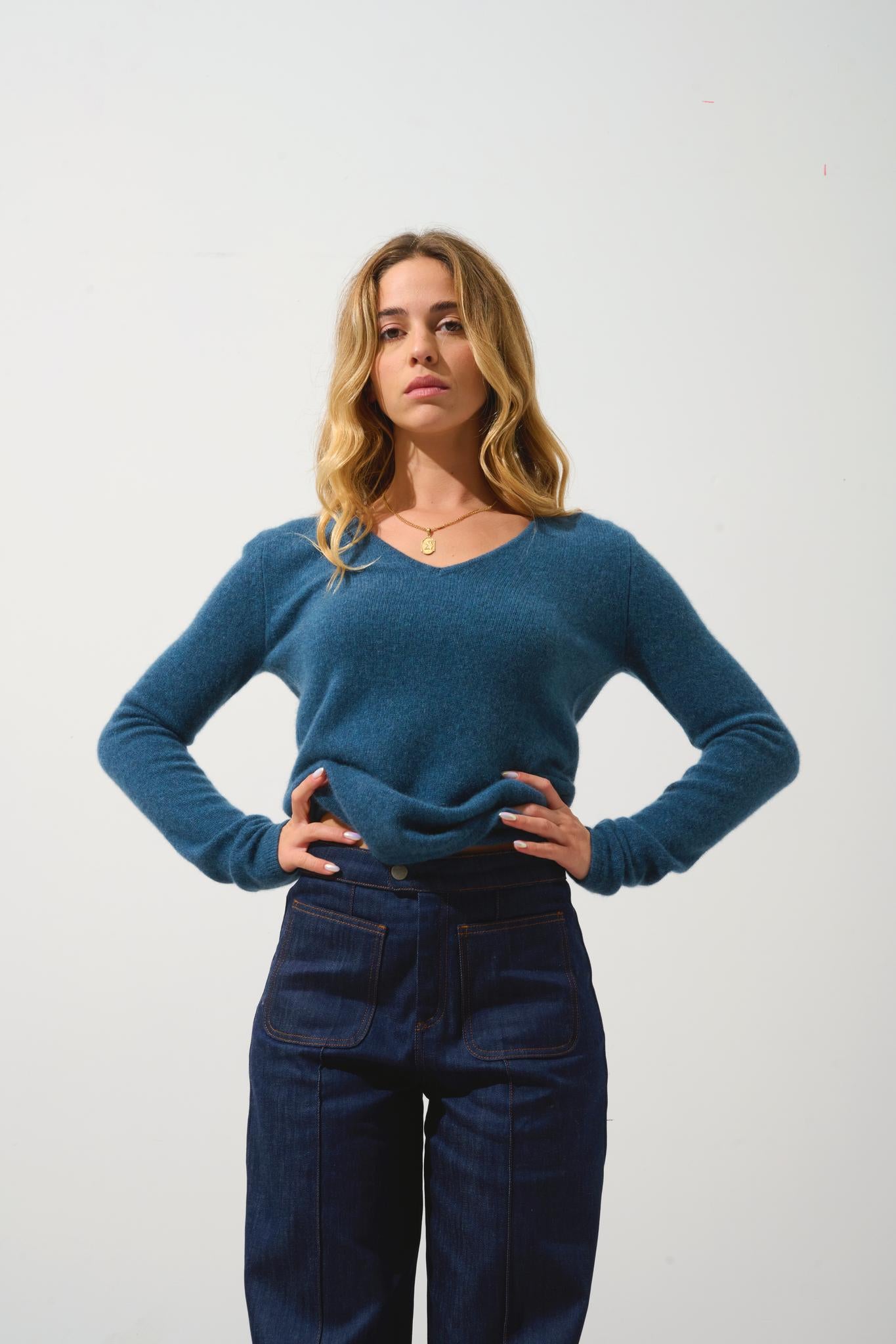 CHELSEA pull col v 4 fils vert canard chiné 100% cachemire