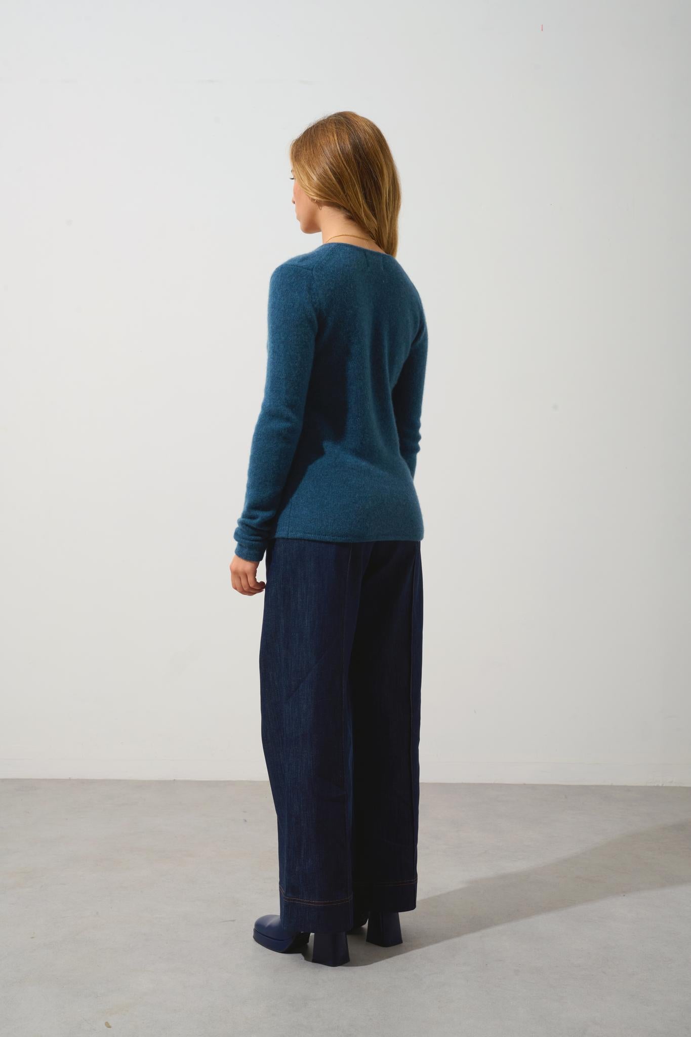 CHELSEA pull col v 4 fils vert canard chiné 100% cachemire