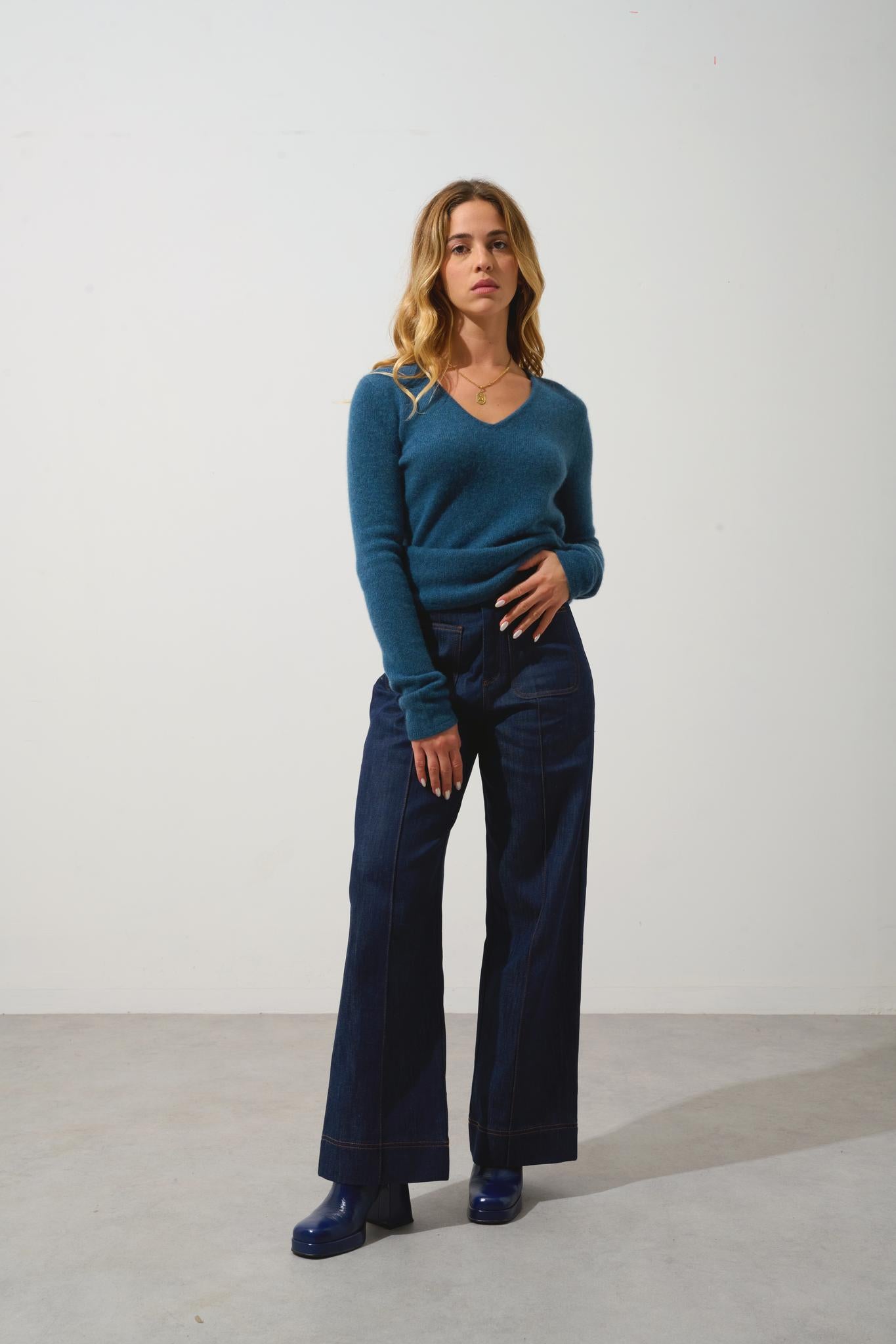 CHELSEA pull col v 4 fils vert canard chiné 100% cachemire