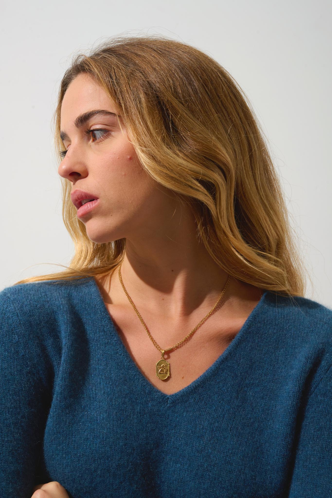 CHELSEA pull col v 4 fils vert canard chiné 100% cachemire