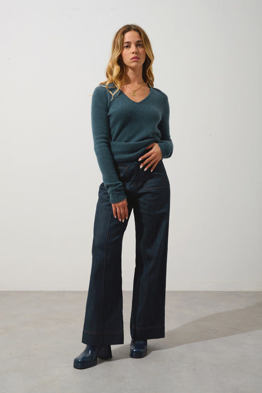 CHELSEA 4-fädiger V-Ausschnitt Pullover in meliertem Entengrün, 100% Kaschmir