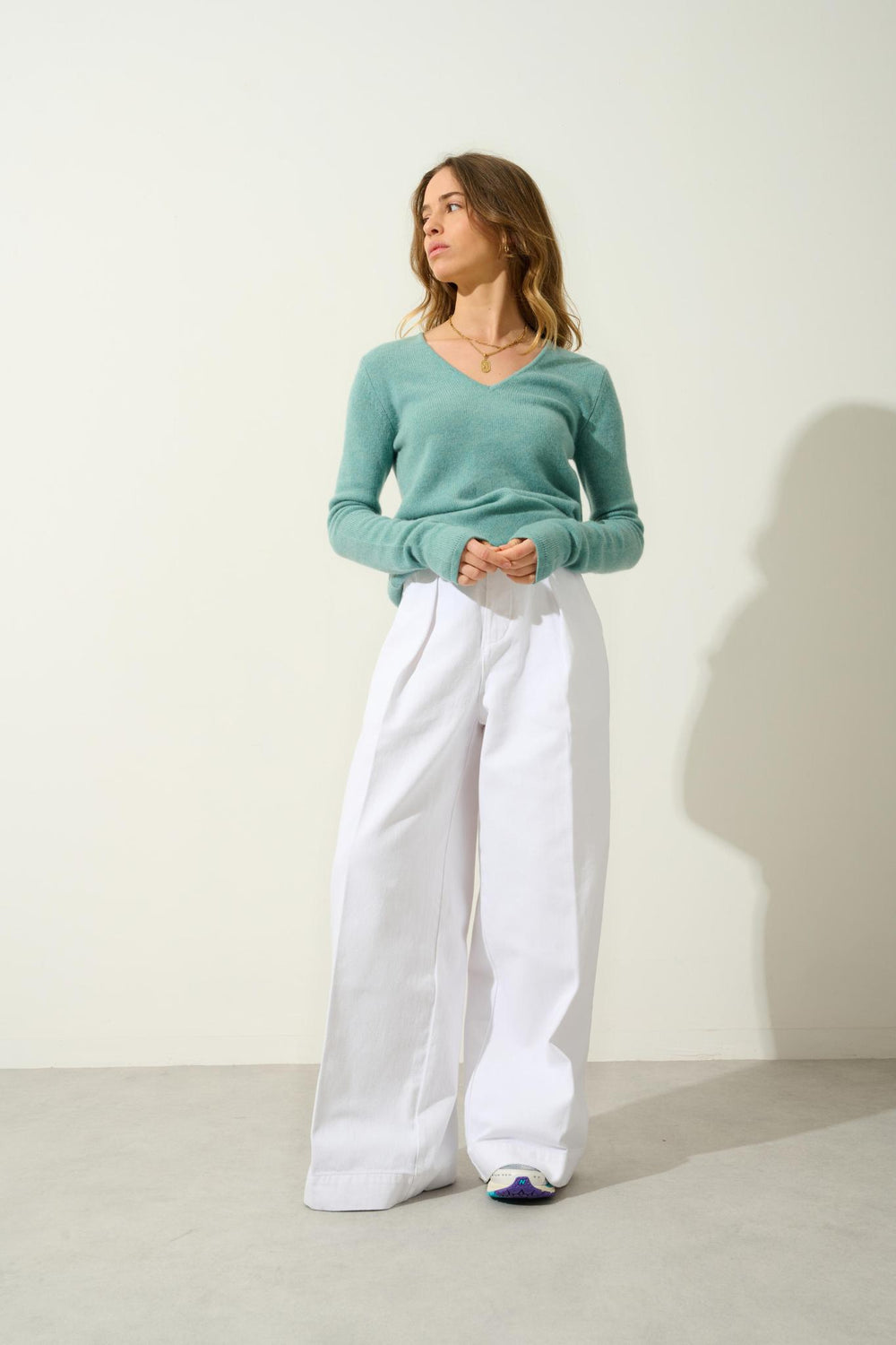 CHELSEA 4-thread v-neck sweater mottled green 100% cashmere