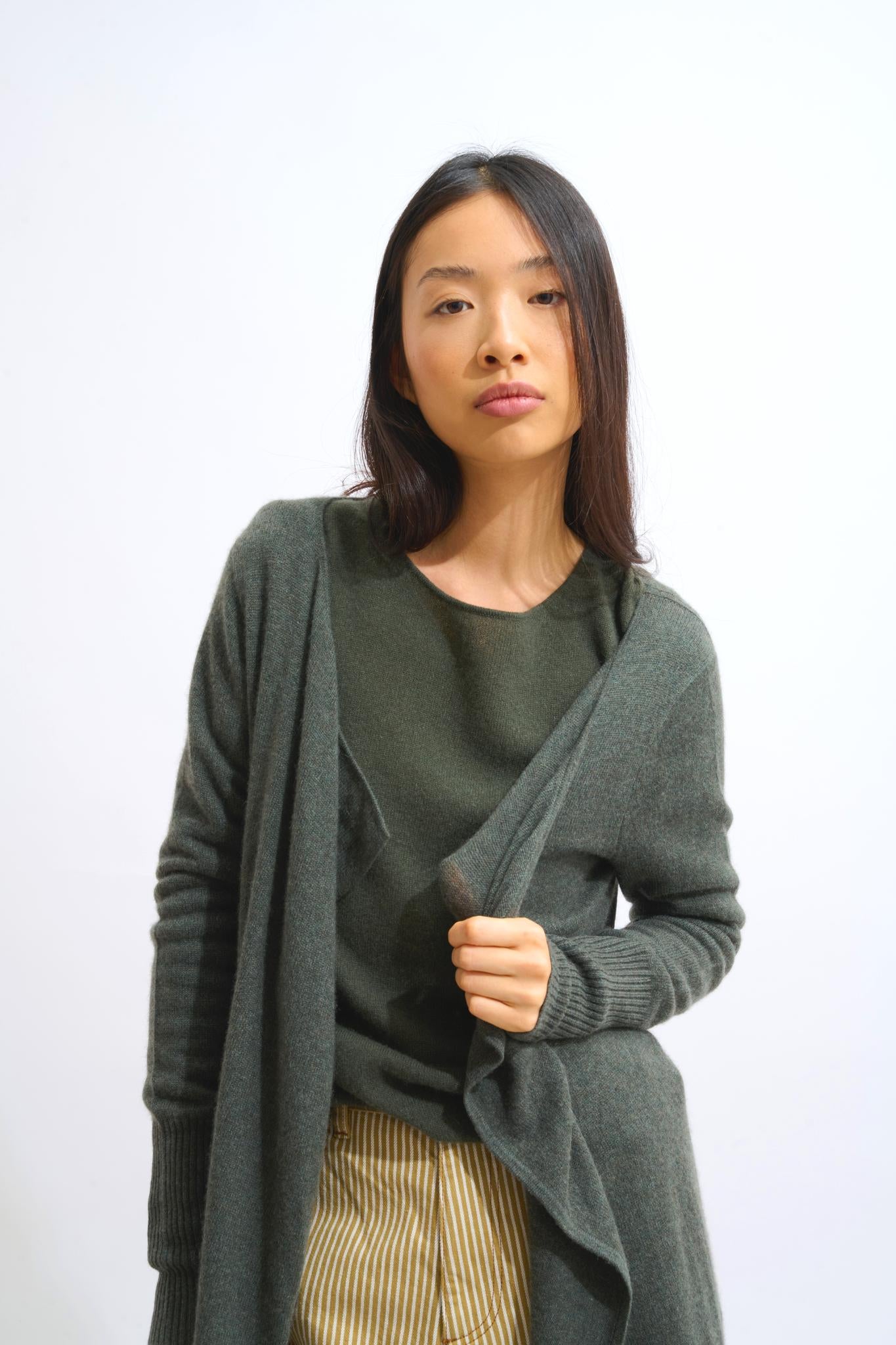 CHÉSERY veste longue kaki chiné 100% cachemire