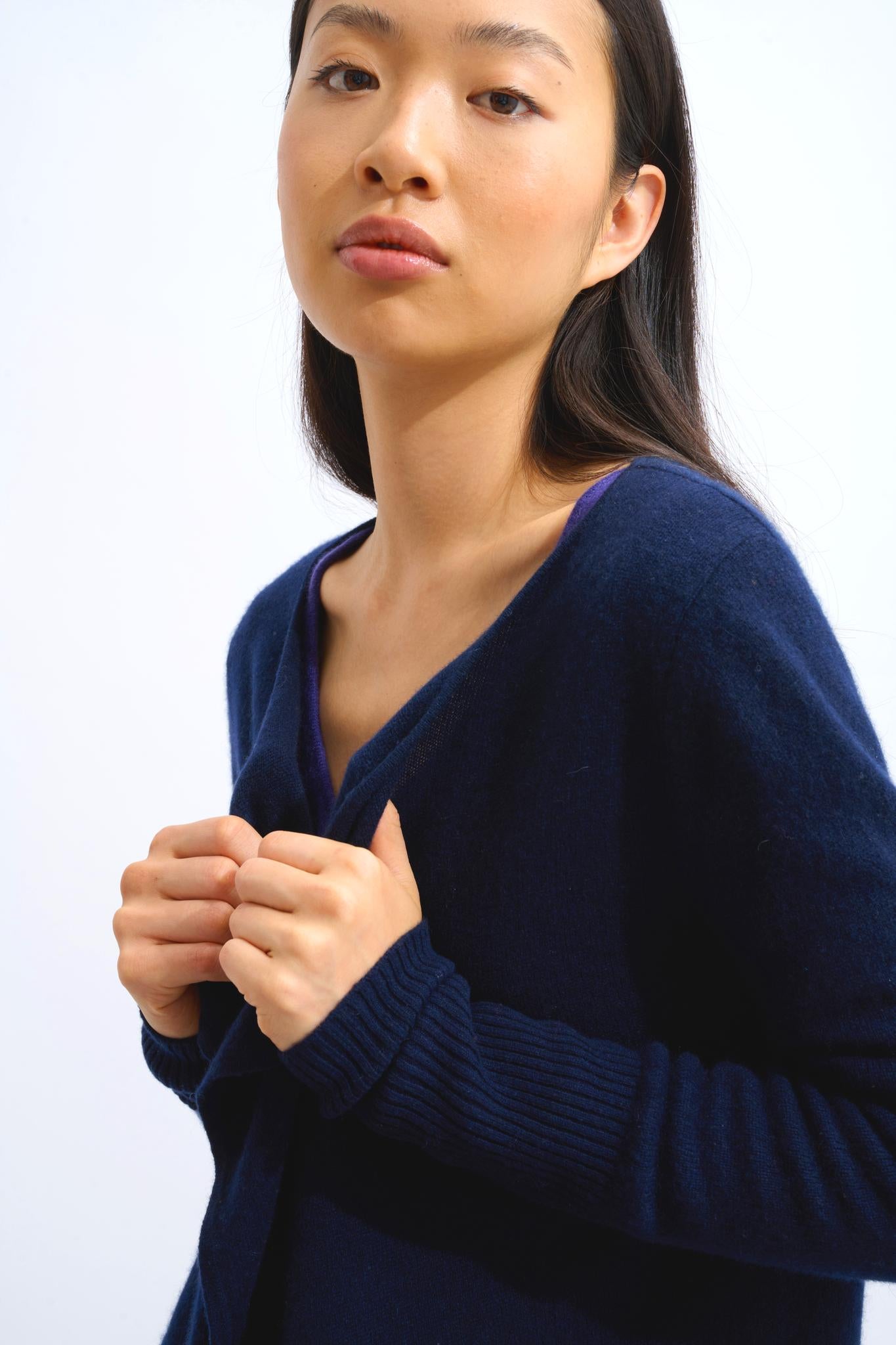 CHÉSERY navy long jacket 100% cashmere