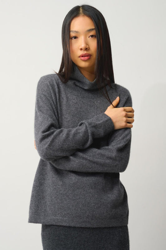 CHEVIOT Pullover mit Stehkragen und Wasserfall anthrazit meliert 100% Kaschmir