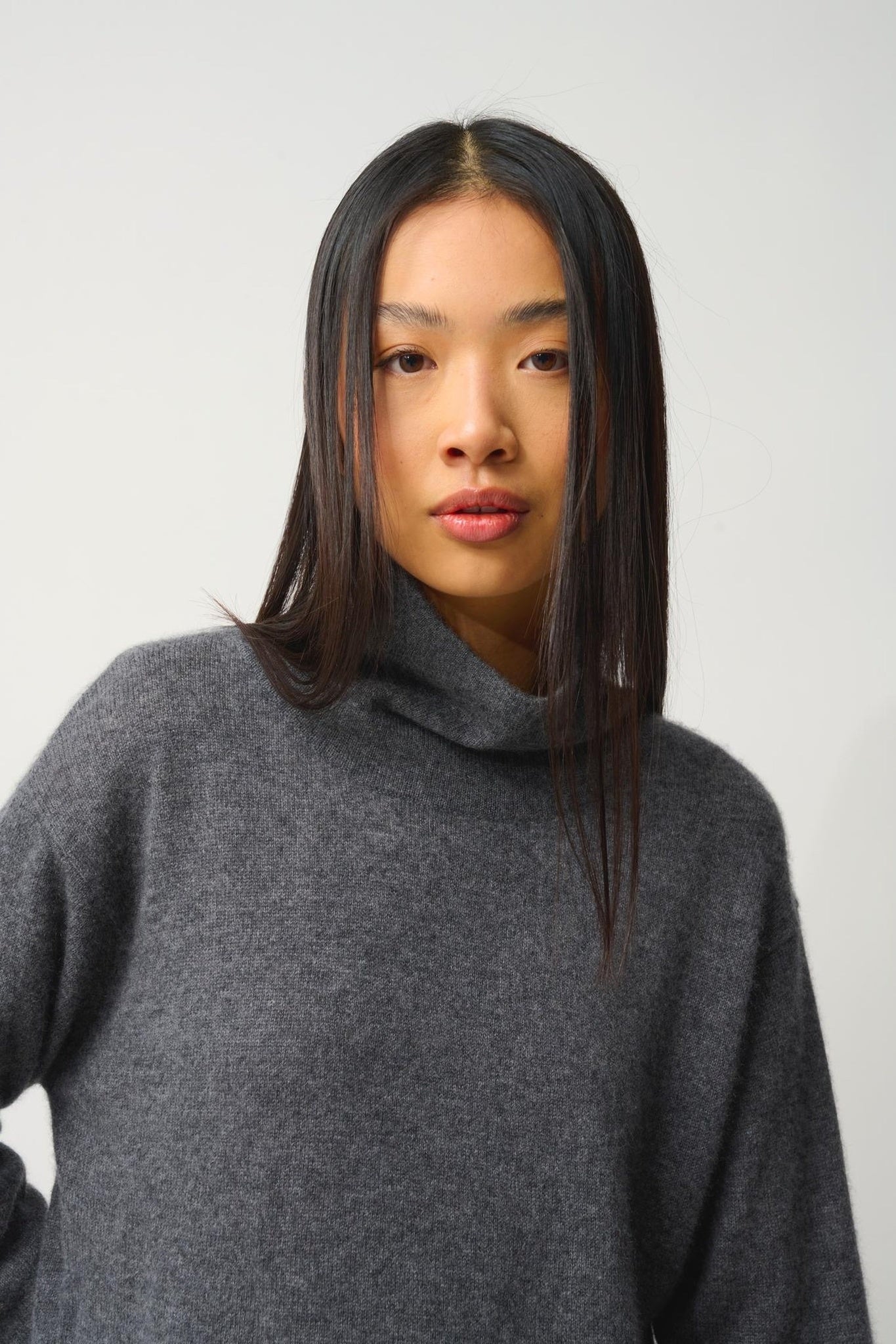 CHEVIOT Pullover mit Stehkragen und Wasserfall anthrazit meliert 100% Kaschmir