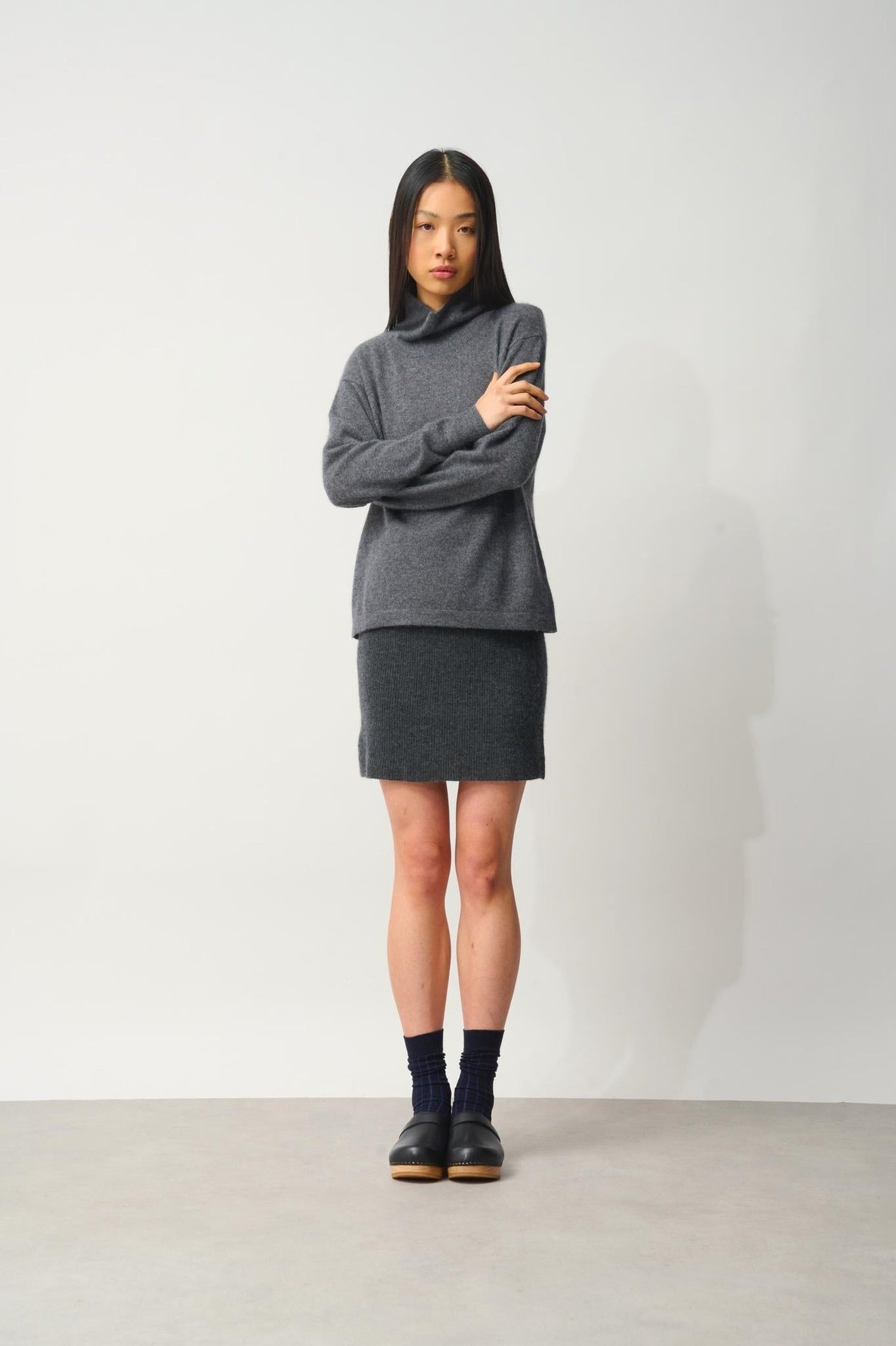 CHEVIOT Pullover mit Stehkragen und Wasserfall anthrazit meliert 100% Kaschmir