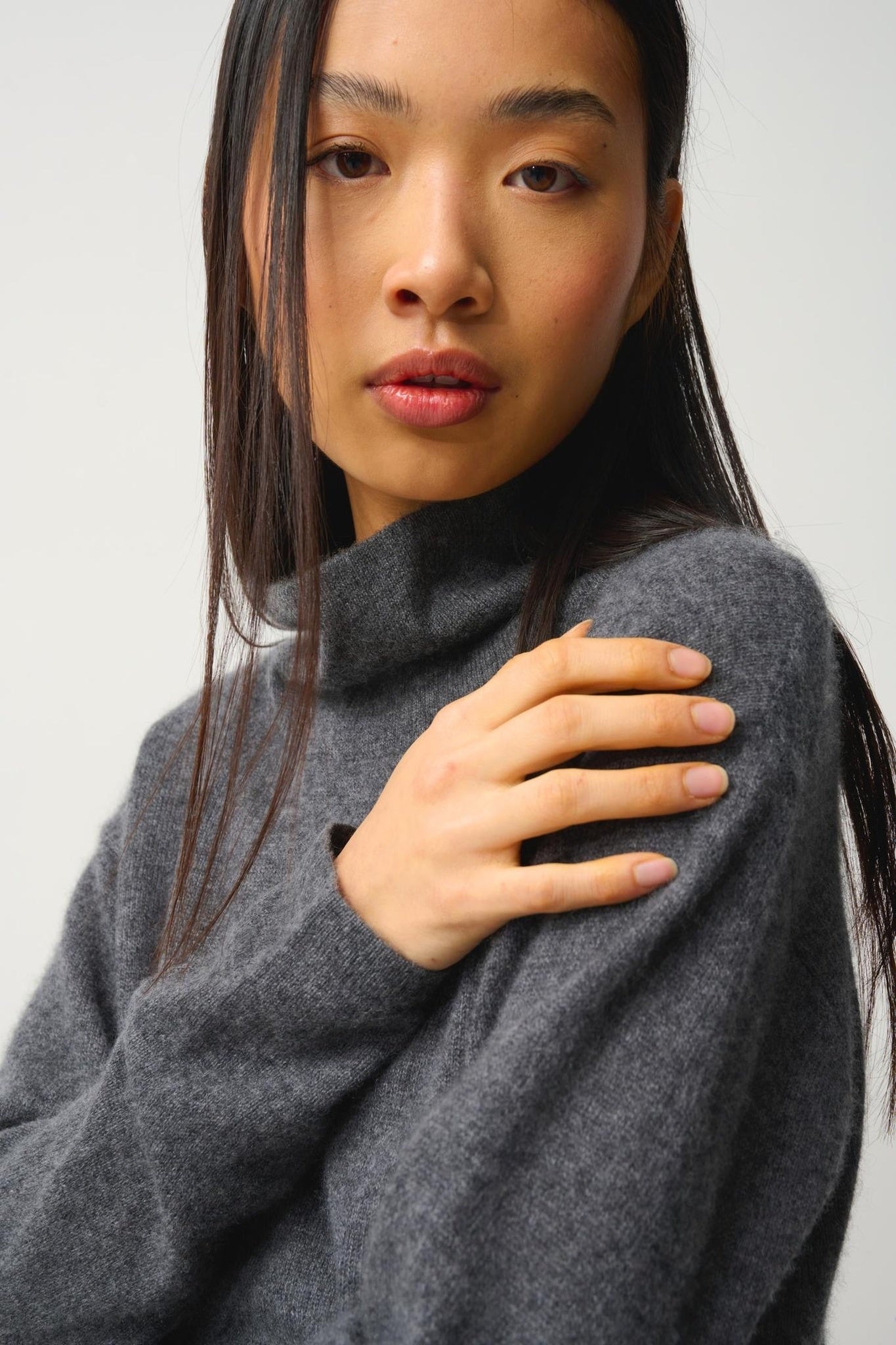 CHEVIOT Pullover mit Stehkragen und Wasserfall anthrazit meliert 100% Kaschmir