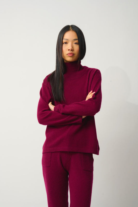 CHEVIOT Pullover mit Stehkragen und Wasserfall in Bordeaux 100% Kaschmir