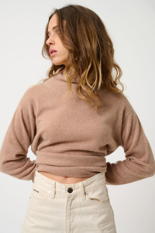 CHEVIOT Pullover mit Stehkragen und Wasserfall camel meliert 100% Kaschmir