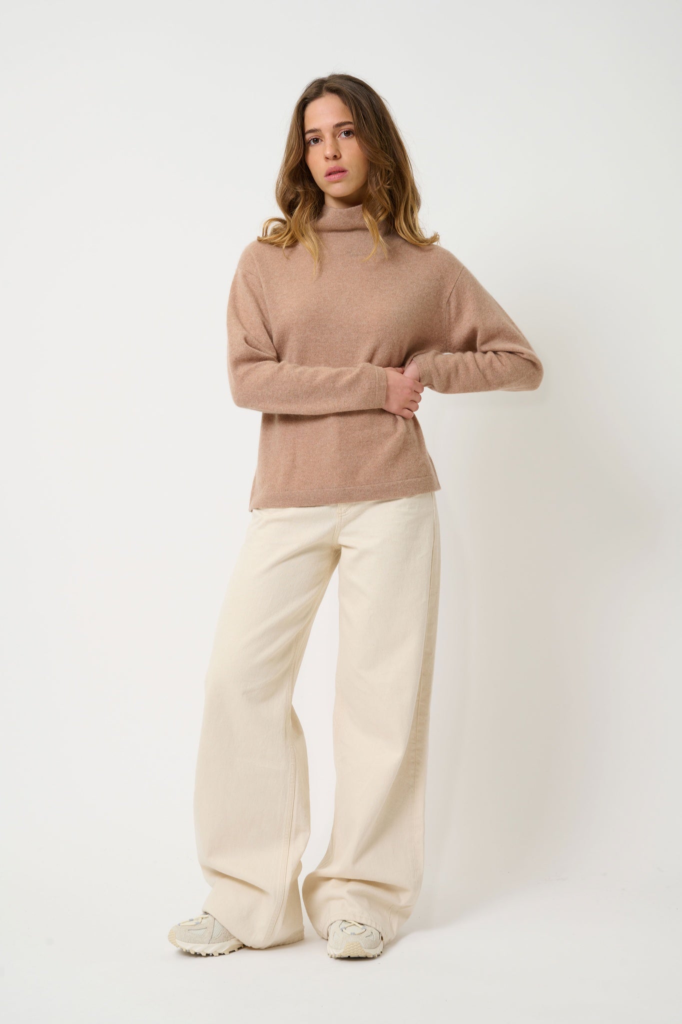 CHEVIOT Pullover mit Stehkragen und Wasserfall camel meliert 100% Kaschmir