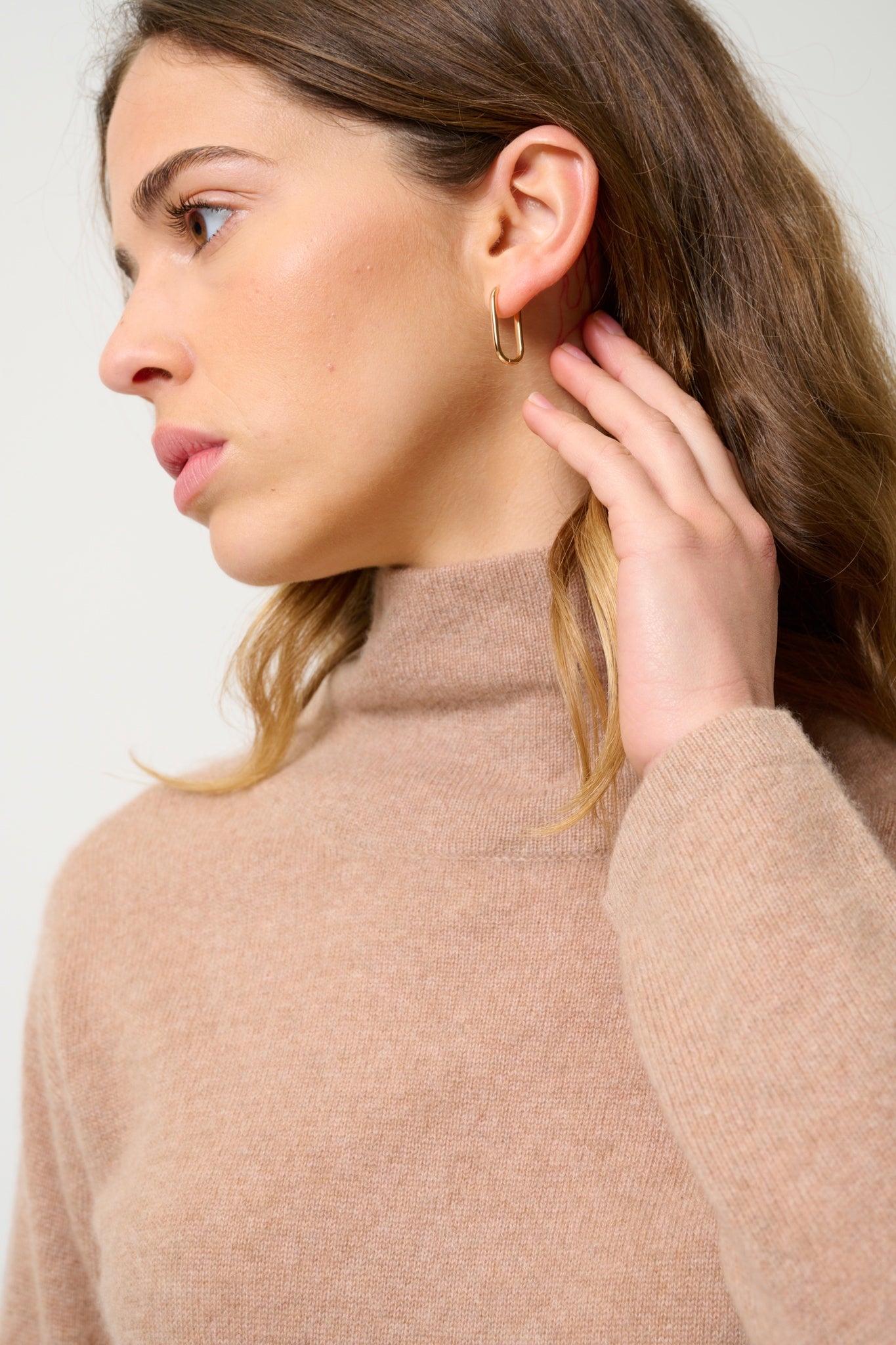 CHEVIOT Pullover mit Stehkragen und Wasserfall camel meliert 100% Kaschmir