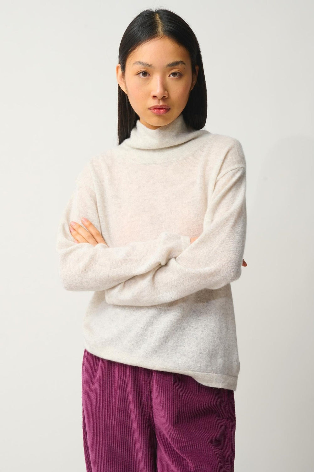 CHEVIOT Pullover mit Stehkragen und Wasserfall in Perlgrau meliert 100% Kaschmir