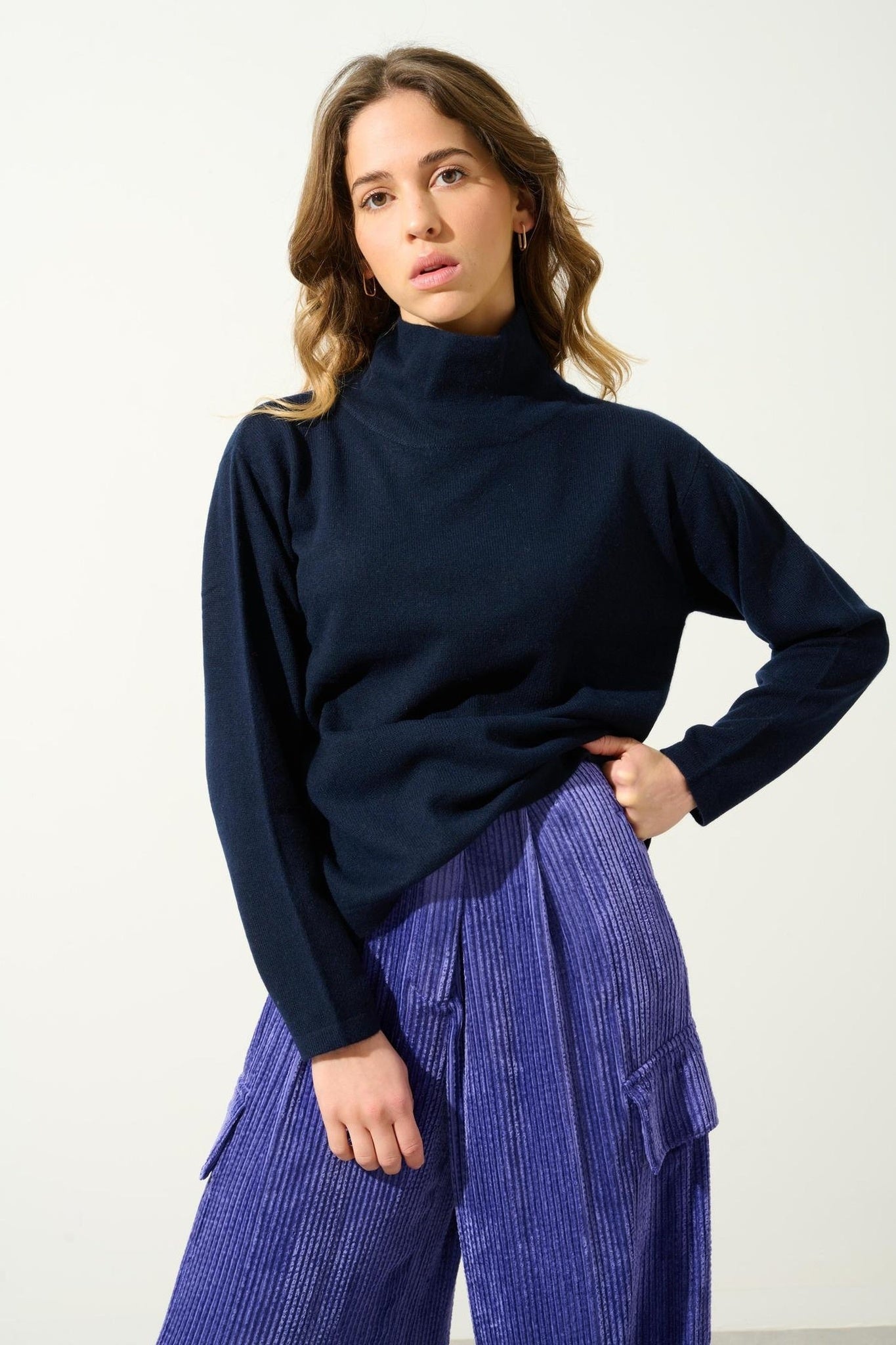 CHEVIOT Pullover mit Stehkragen und Wasserfall navy 100% Kaschmir