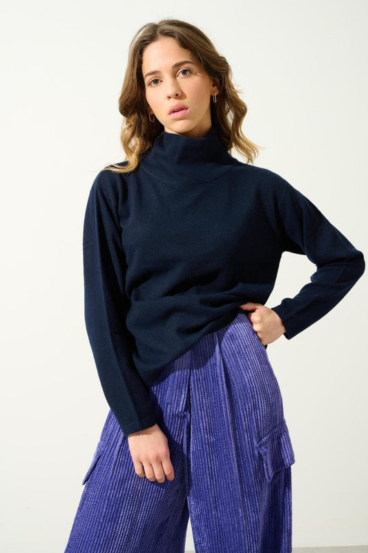 CHEVIOT Pullover mit Stehkragen und Wasserfall navy 100% Kaschmir