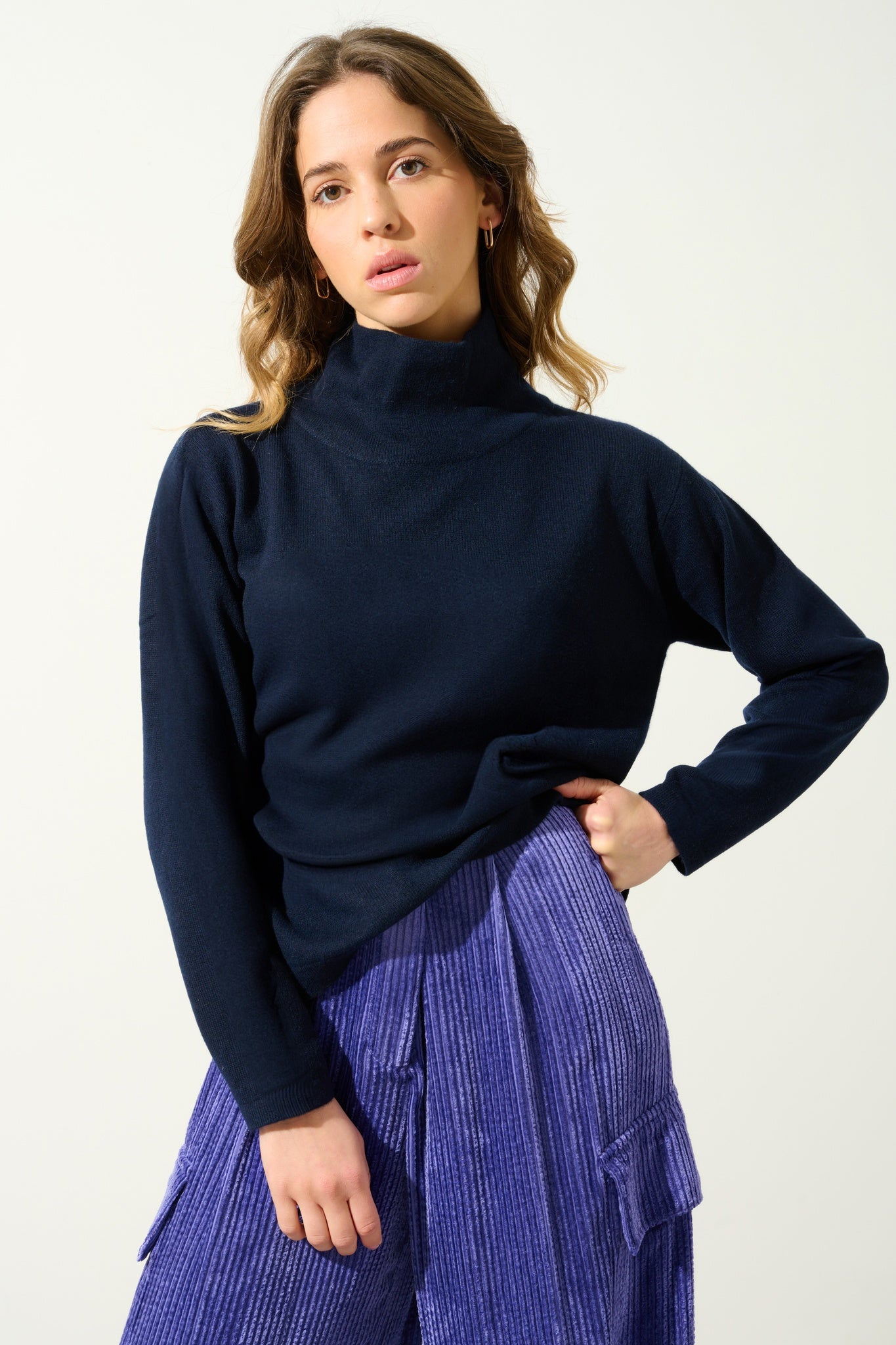 CHEVIOT Pullover mit Stehkragen und Wasserfall navy 100% Kaschmir