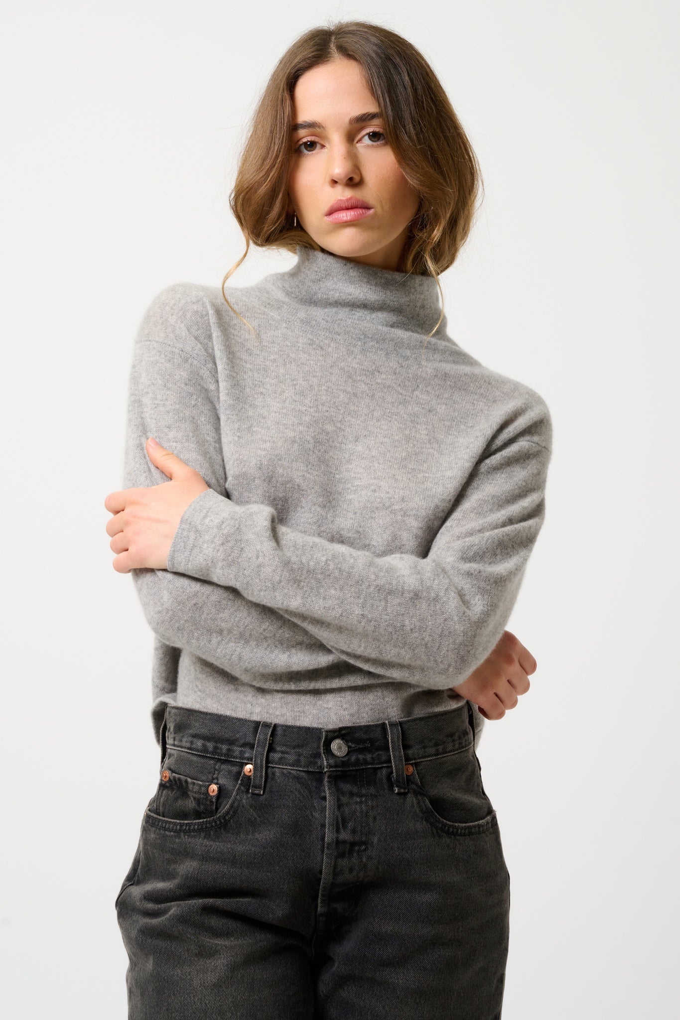 CHEVIOT Pullover mit Stehkragen Wasserfall Wolke meliert 100% Kaschmir