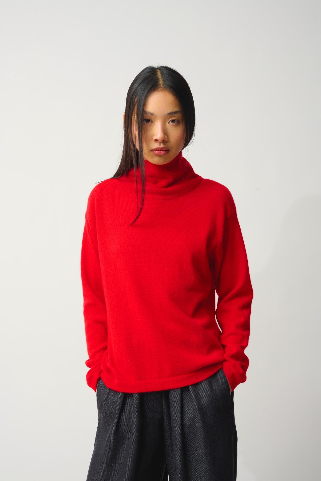 CHEVIOT Pullover mit Stehkragen und Wasserfall rot 100% Kaschmir