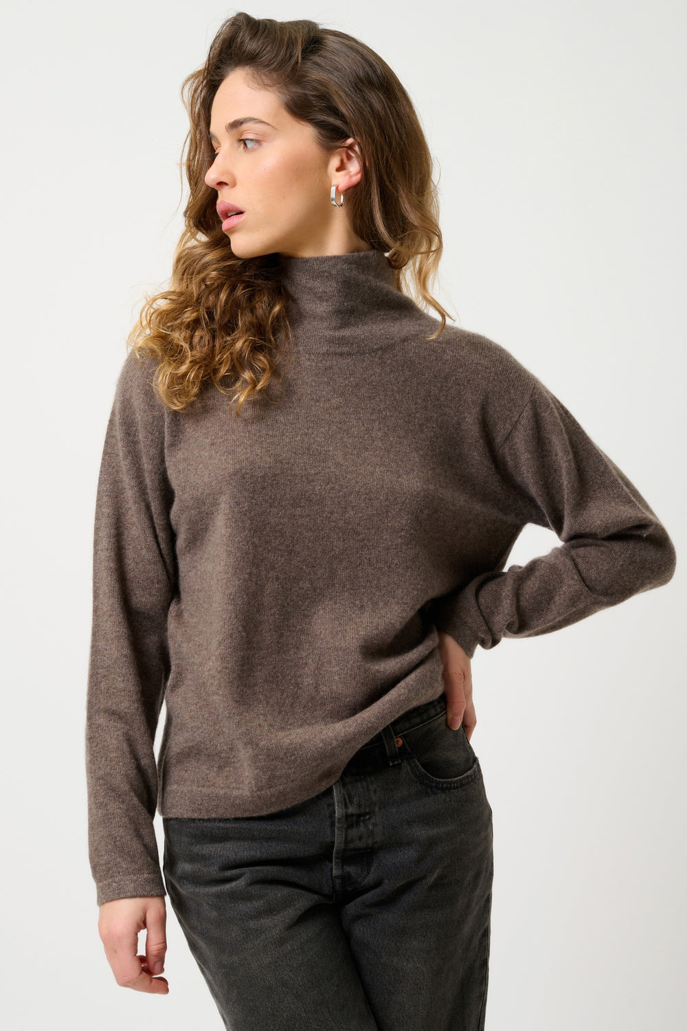 CHEVIOT mottled taupe cowl neck sweater 100% cashmere