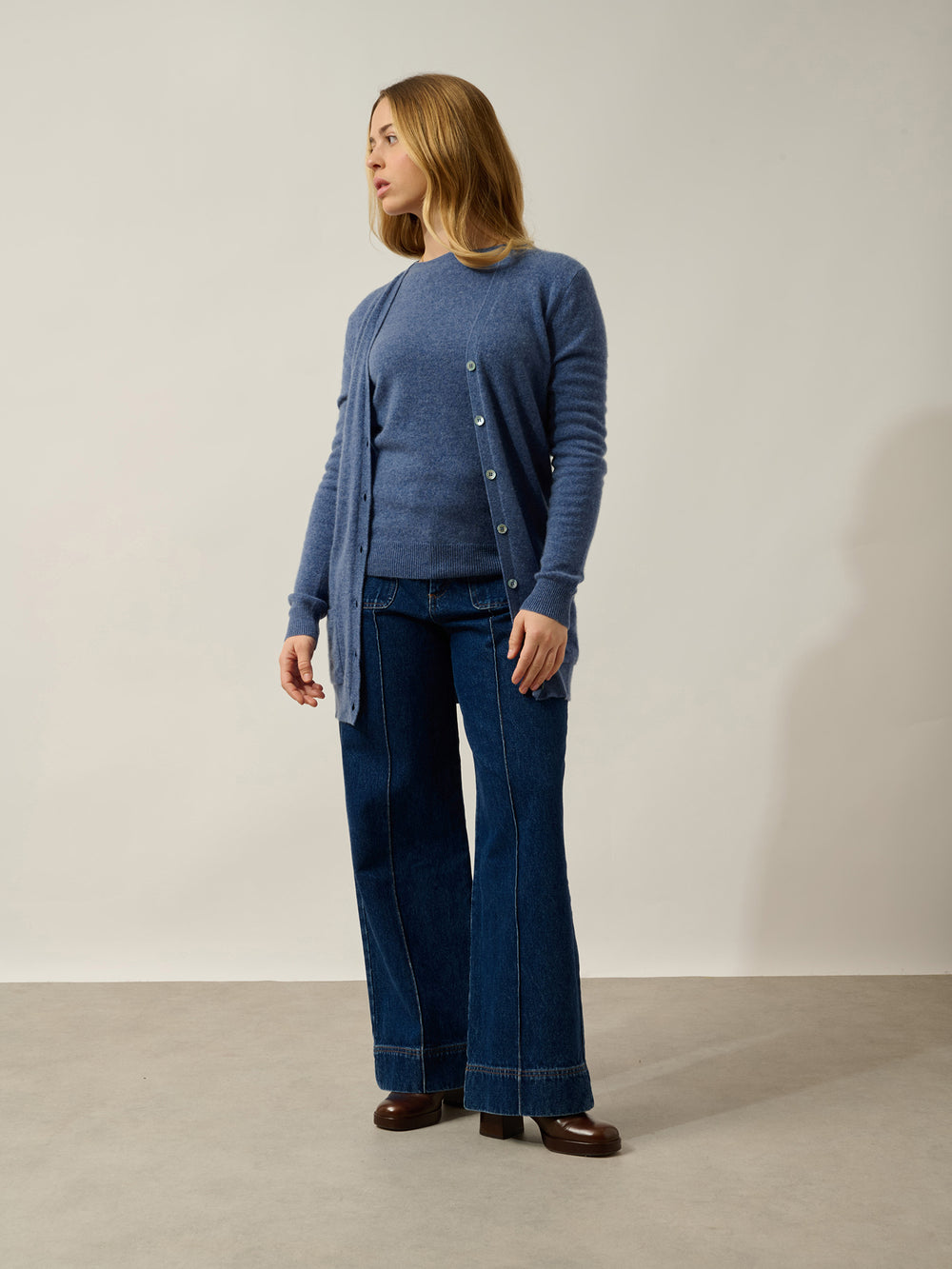 CIMET cardigan col v bleu denim 100% cachemire