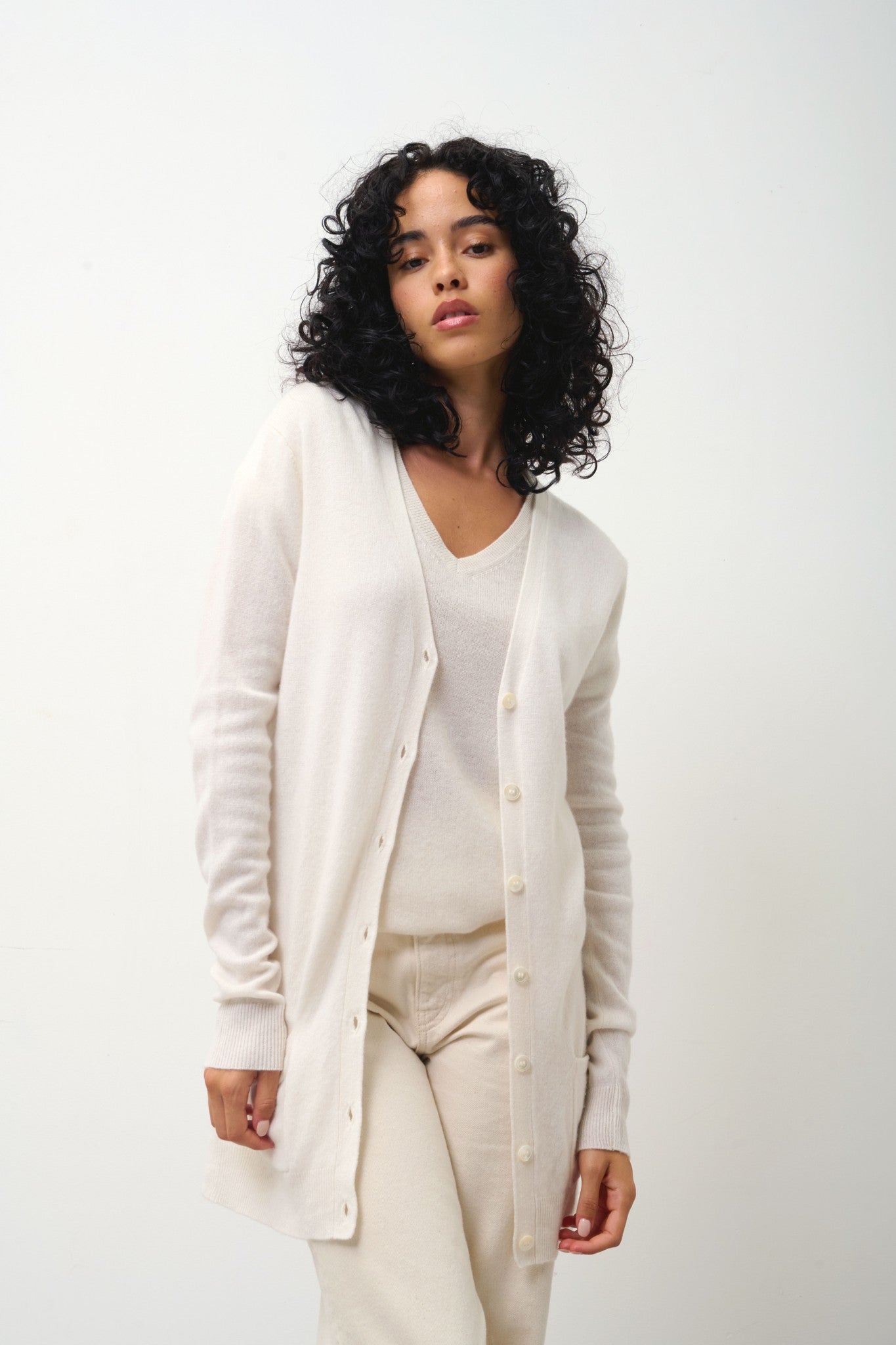 cimet cardigan col v ivoire 100% cachemire