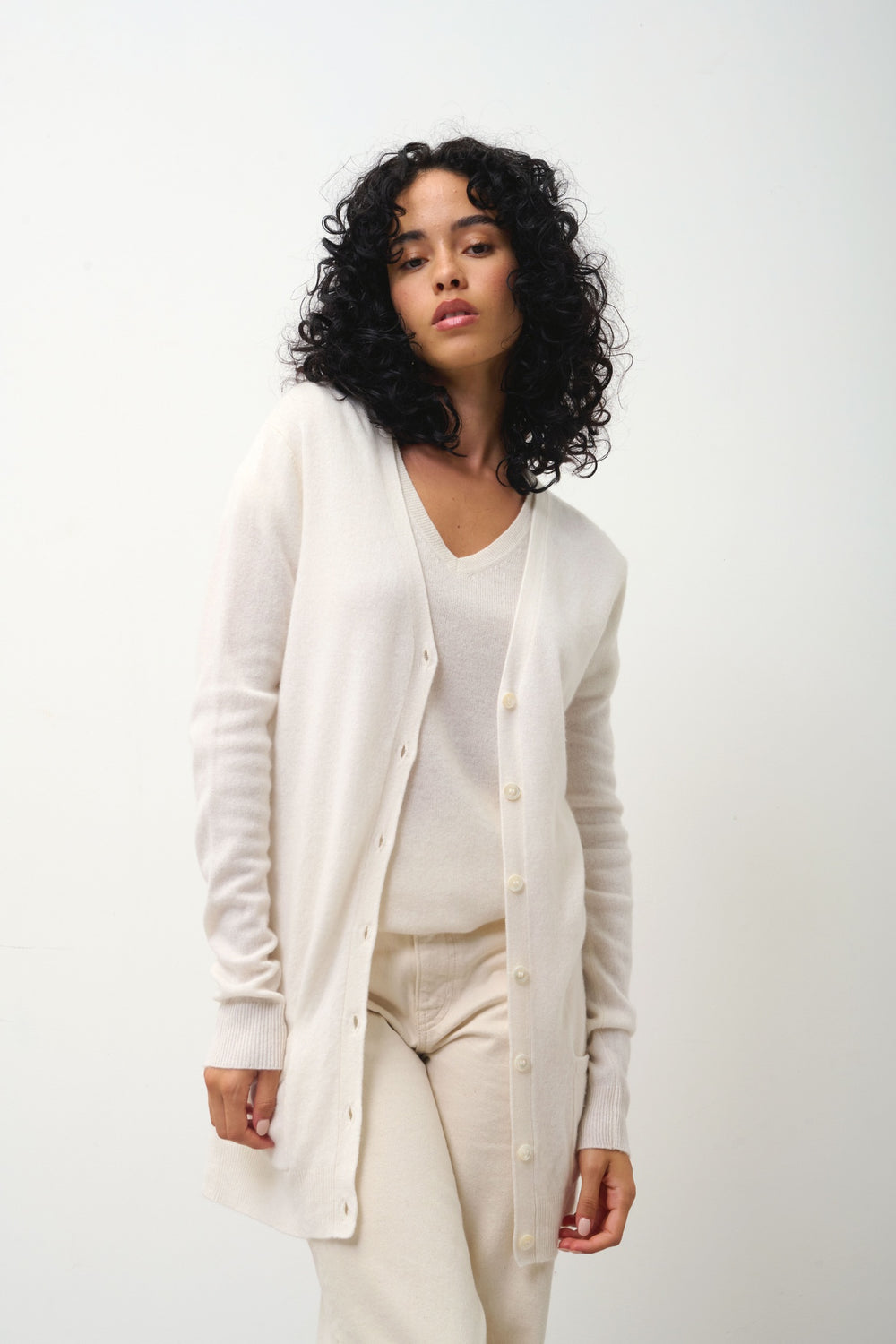 CIMET cardigan col v ivoire 100% cachemire