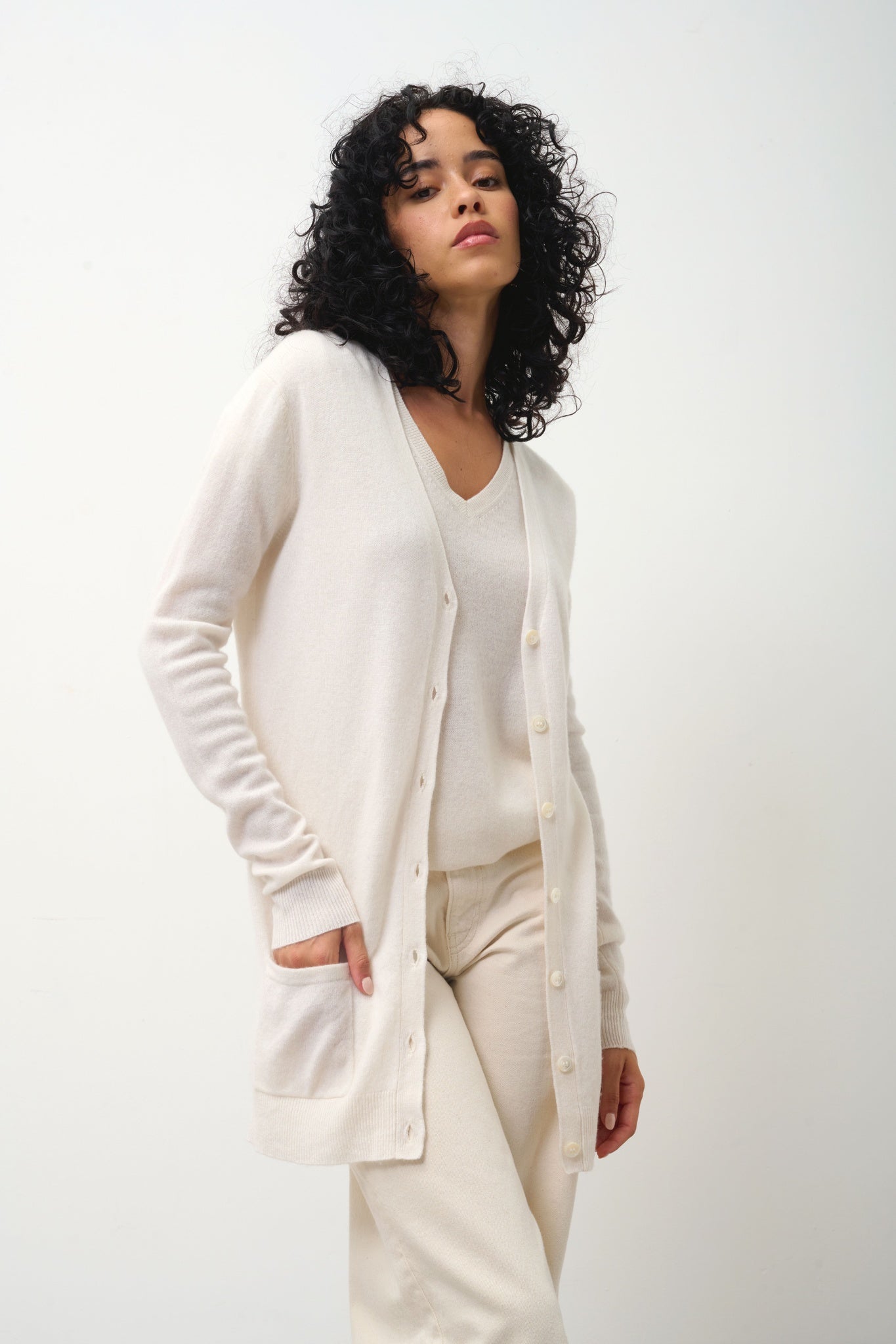 CIMET cardigan col v ivoire 100% cachemire