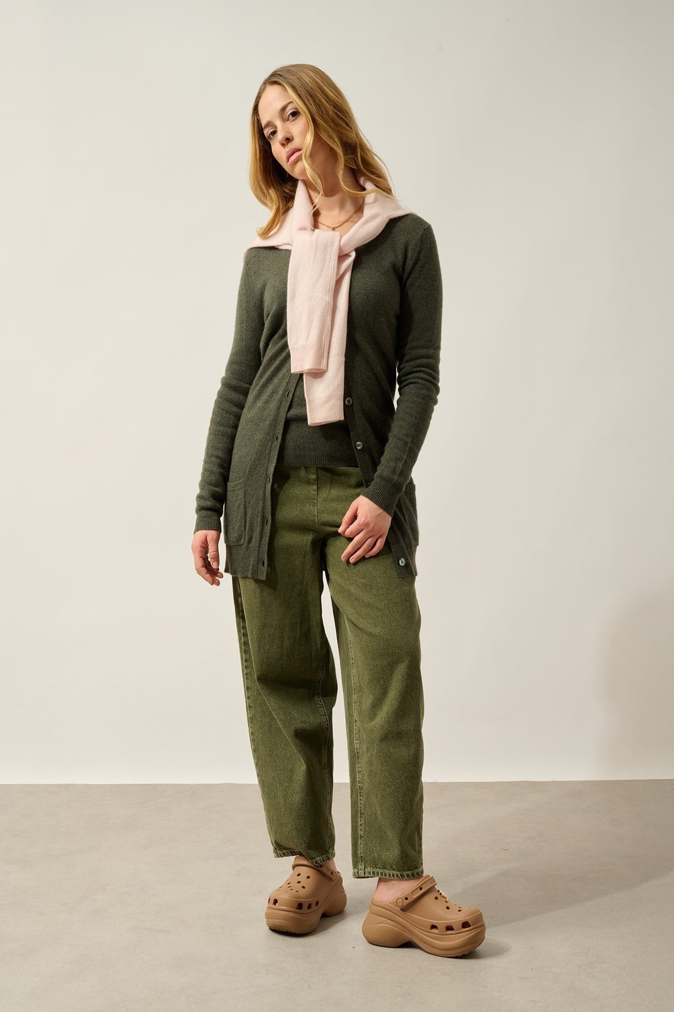 CIMET cardigan col v kaki chiné 100% cachemire