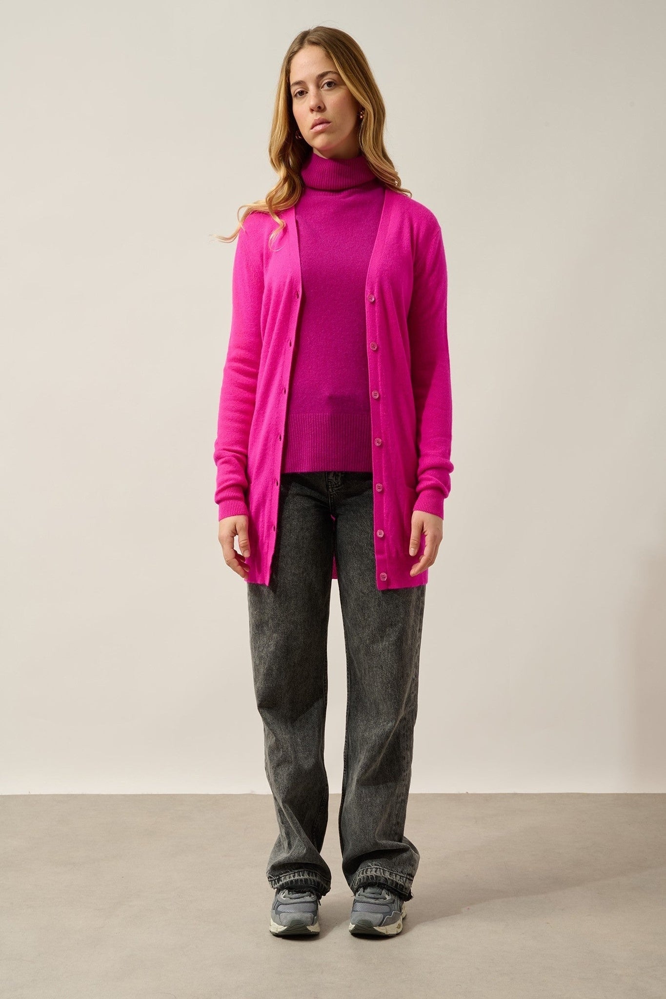 cimet cardigan col v magenta fushia 100% cachemire